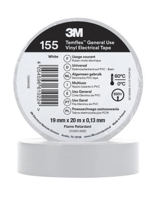 3M™ Temflex™ Vinyl Electrical Tape 155, White, 19 mm x 20 m, 100 Rolls/Case Image