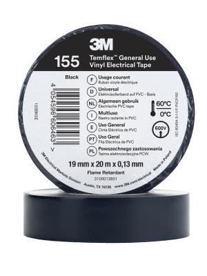 3M™ Temflex™ Vinyl Electrical Tape 155, Black, 19 mm x 20 m, 100 Rolls/Case Image