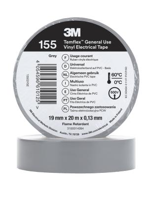 3M™ Temflex™ Vinyl Electrical Tape 155, Grey, 19 mm x 20 m, 100 Rolls/Case Image