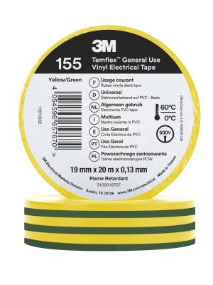 3M™ Temflex™ Vinyl Electrical Tape 155, Green/Yellow, 19 mm x 20 m, 100 Rolls/Case Image