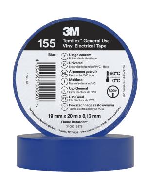 3M™ Temflex™ Vinyl Electrical Tape 155, Blue, 19 mm x 20 m, 100 Rolls/Case Image