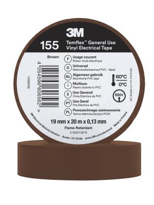 3M™ Temflex™ Vinyl Electrical Tape 155, Brown, 19 mm x 20 m, 100 Rolls/Case Image