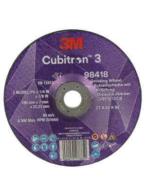 3M™ Cubitron™ 3 Depressed Center Grinding Wheel, 98418, 36+, T27, 180 mm x 7 mm x 22.23 mm, EN, 10/Pack, 20 ea/Case Image