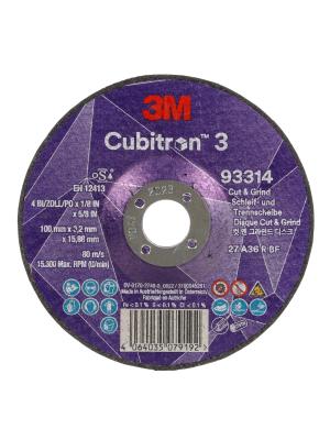 3M™ Cubitron™ 3 Cut and Grind Wheel, 93314, 36+, T27, 100 mm x 3.2 mm x 15.88 mm, EN, 10/Pack, 20 ea/Case Image