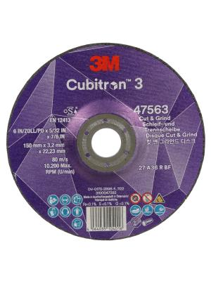 3M™ Cubitron™ 3 Cut and Grind Wheel, 47563, 36+, T27, 150 mm x 3.2 mm x 22.23 mm, EN, 10/Pack, 20 ea/Case Image
