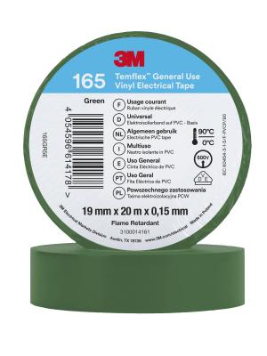 3M™ Temflex™ Vinyl Electrical Tape 165, Green, 19 mm x 20 m, 100 Rolls/Case Image