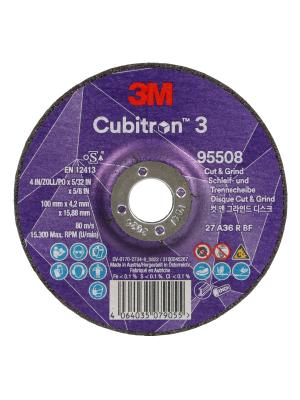 3M™ Cubitron™ 3 Cut and Grind Wheel, 95508, 36+, T27, 100 mm x 4.2 mm x 15.88 mm, EN, 10/Pack, 20 ea/Case Image