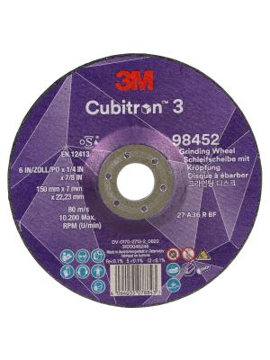 3M™ Cubitron™ 3 Depressed Center Grinding Wheel, 98452, 36+, T27, 150 mm x 7 mm x 22.23 mm, EN, 10/Pack, 20 ea/Case Image