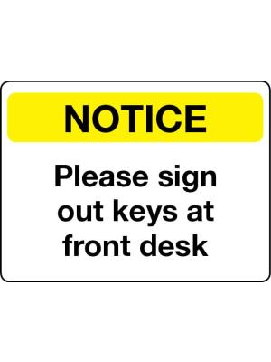 Please sign out keys at front desk sign Image