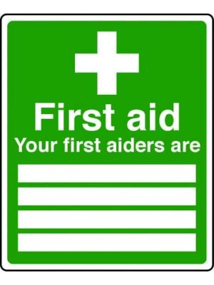 Your first aiders are (text insert areas) sign Image